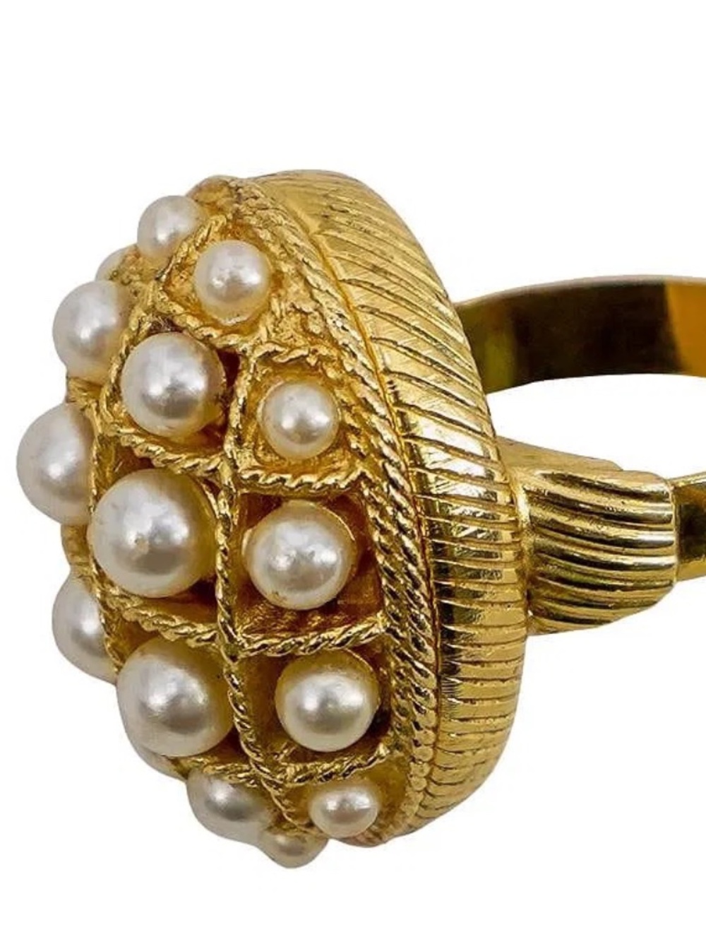 Vintage Avon Faux Pearl Hinged Cocktail Ring Gold Tone Adjustable Size 8